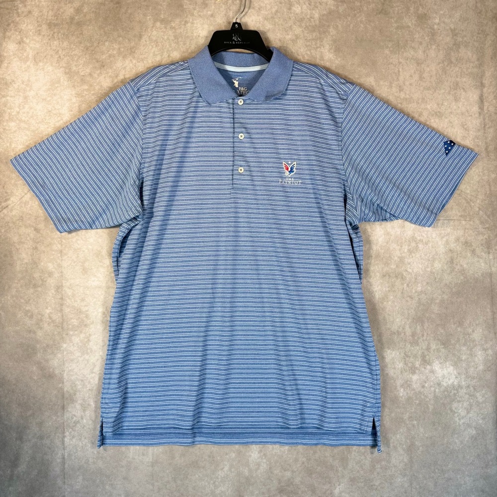F&G Tech Polo Shirt Men XL Blue Striped The Patriot Eagle Logo Performance Golf